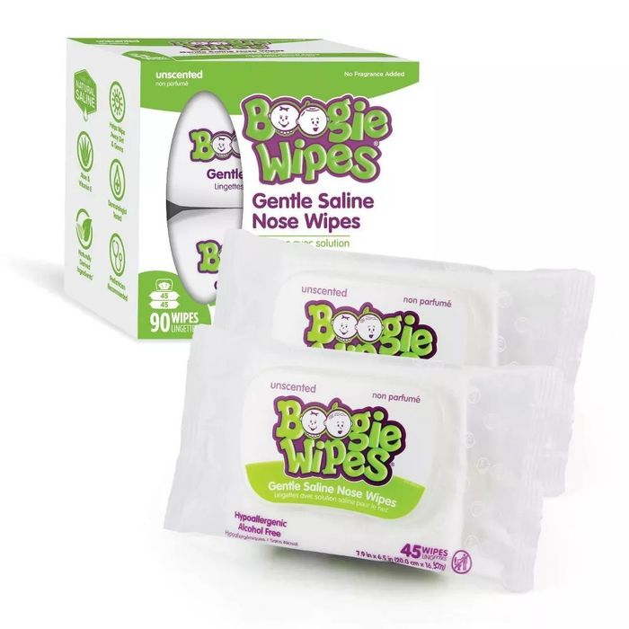 Two packs of Boogie Wipes in a white box with a green and purple logo, ready to take on nose-cleaning duties