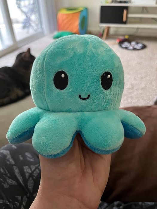 one side of a plush octopus showing a happy expression