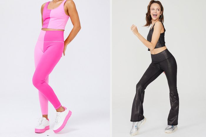 A model wearing hot pink and light pink contrasting leggings paired with a matching sports bra, alongside another model in black sparkle flare leggings with a coordinating sports bra