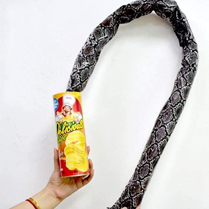 A model holding the can with the fake snack peeking out