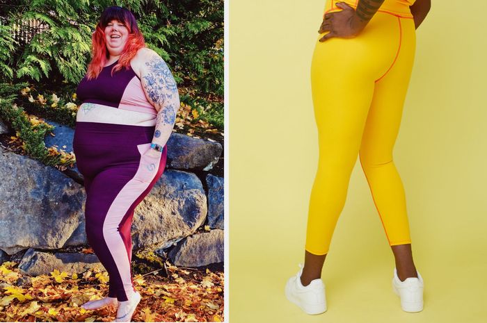A model wearing purple and pink side-stripe leggings paired with a matching sports bra outdoors, alongside another model in bright yellow leggings with coral seams and white tennis sneakers