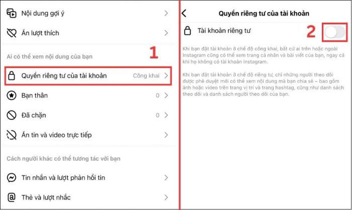 Kiểm tra mục Quyền riêng tư của tài khoản để xác định trạng thái tài khoản