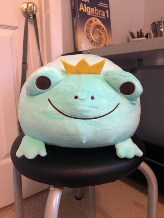A large, squishy frog stuffed animal wearing a tiny crown