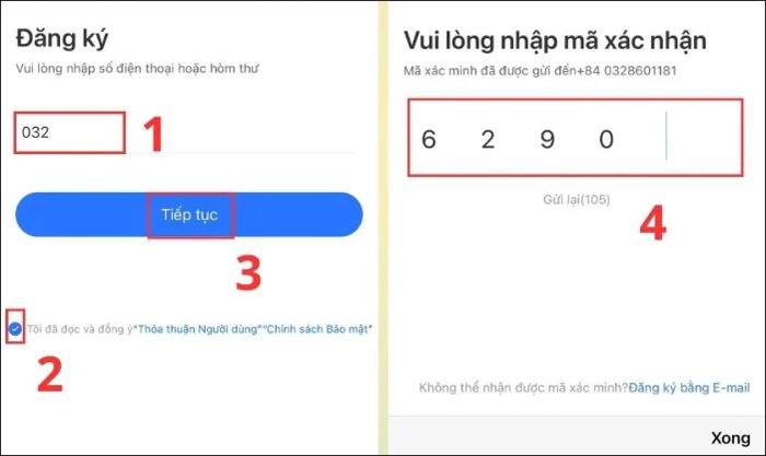 Nhập số điện thoại và tick vào dấu tròn để đồng ý với các điều khoản của ứng dụng, rồi nhấn Tiếp tục để tiếp tục bước sau.