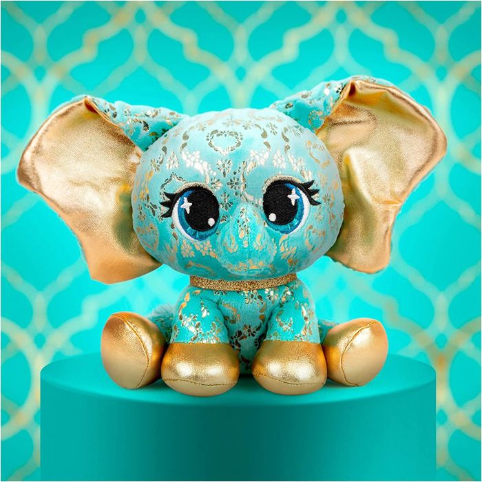 an elegant plush elephant in shades of blue and gold
