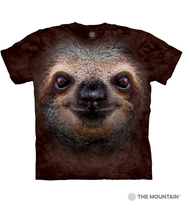 A tee featuring a super close-up of a sloth's face.