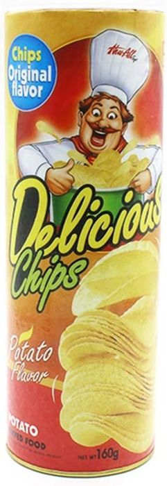 the can labeled 'potato chips'