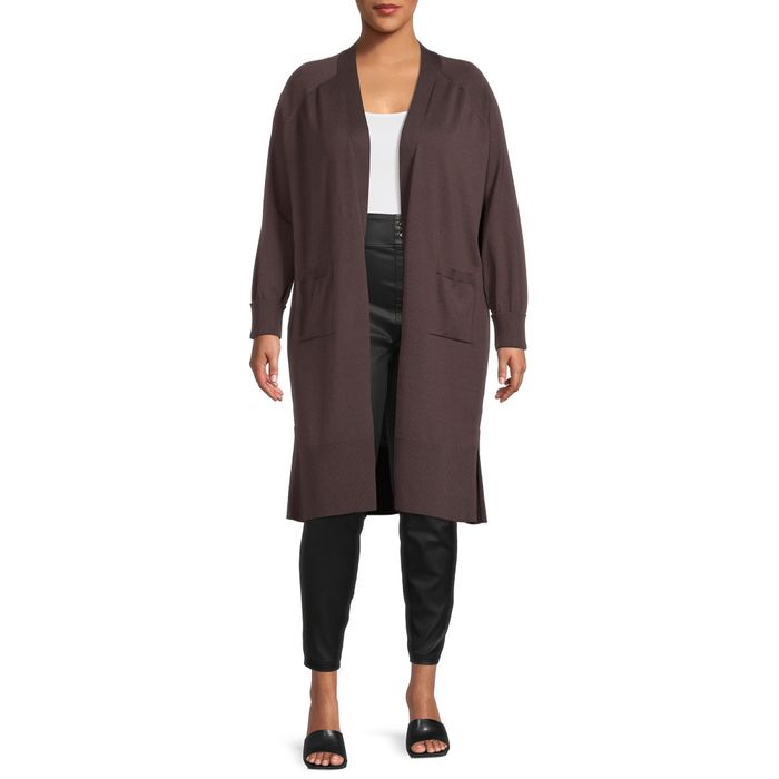 Photo of model wearing a brown duster