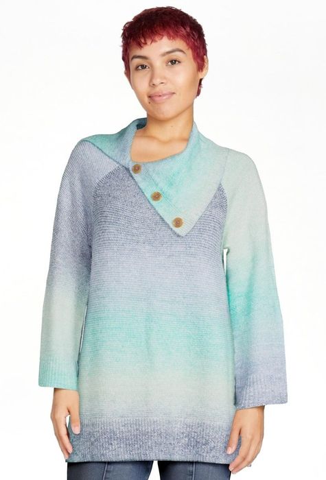 Photo of model wearing a blue sweater