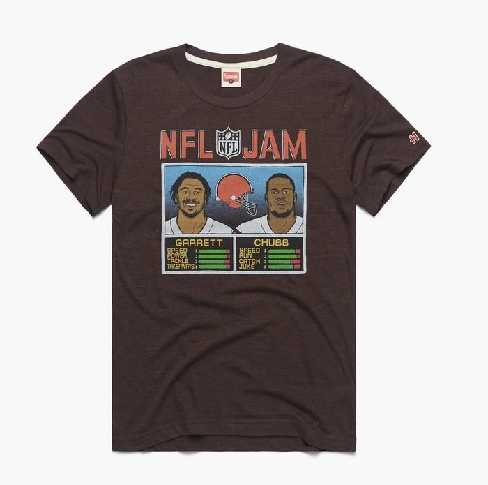 A tee showcasing Myles Garrett and Nick Chubb's football stats, topped off with the phrase
