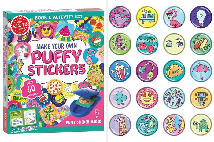 A split image showcasing the Puffy Sticker maker box and various types of stickers that can be made