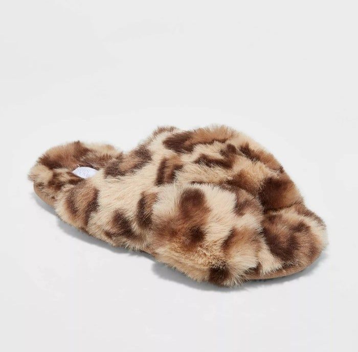 Fluffy leopard print open-toed slippers