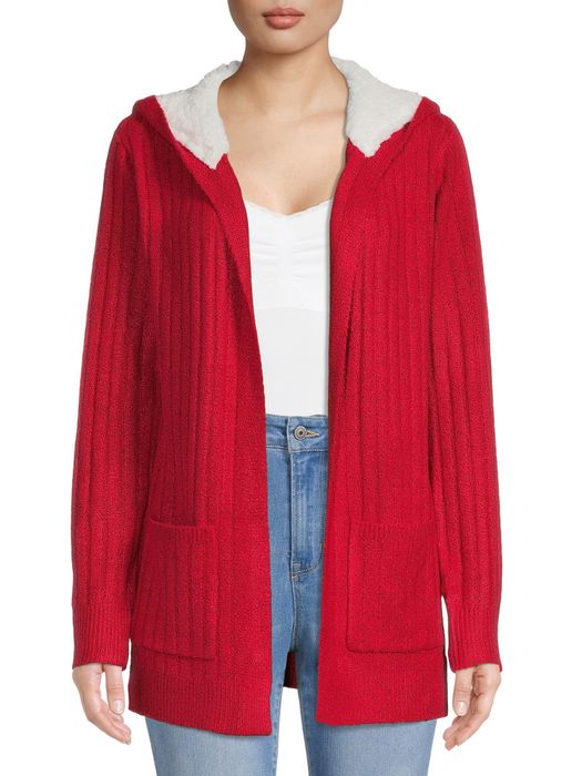 Image of model wearing a red cardigan