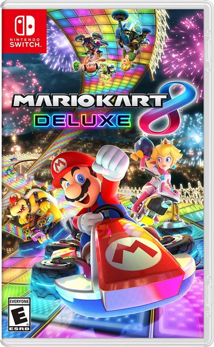 the box art for Mario Kart 8 Deluxe showing Mario and other characters racing on the track