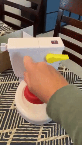 A reviewer's video showing them using the toy plunger to press the toilet until the poop shoots out