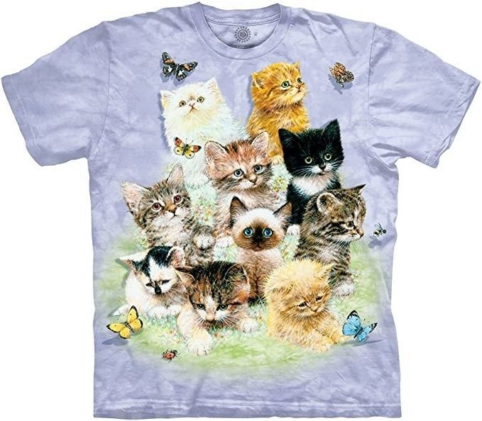 A tee showcasing a graphic of 10 kittens gazing at butterflies