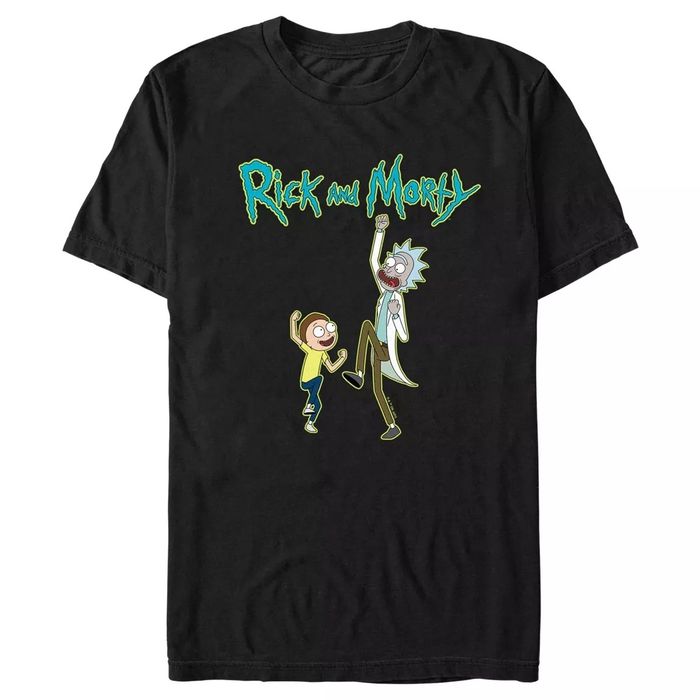 A black tee featuring Rick and Morty jumping across it.