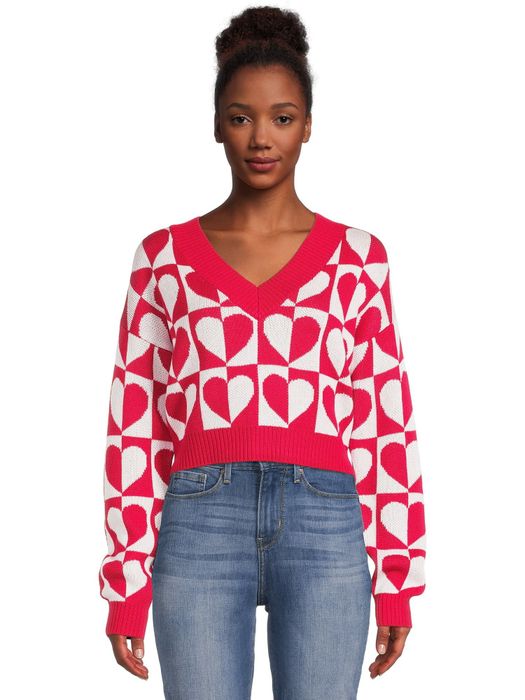 Image of model wearing a red hearts sweater
