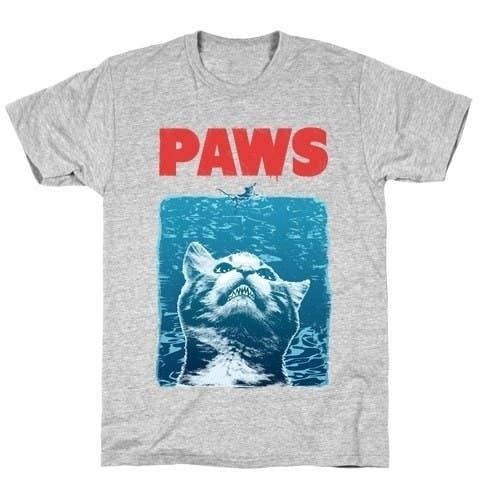 A gray shirt featuring a large cat in water, with the words 'Paws' above it (a parody of Jaws)