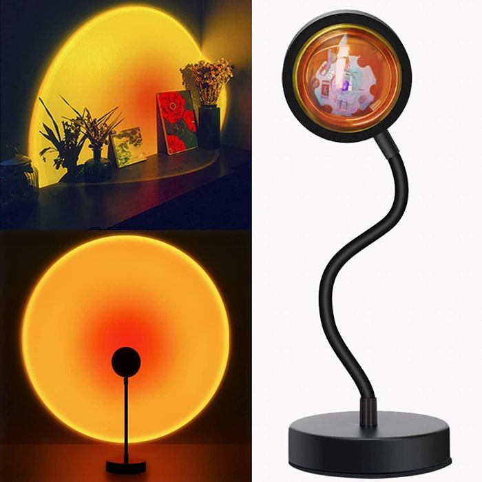 The sunset lamp casting its light against two different backgrounds, creating a cool effect