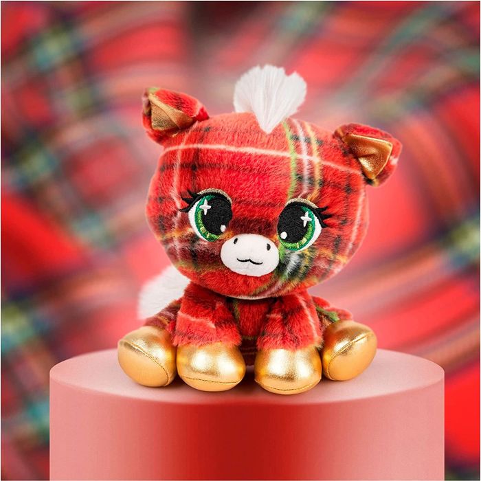 a fashionable red plaid pet with golden hooves