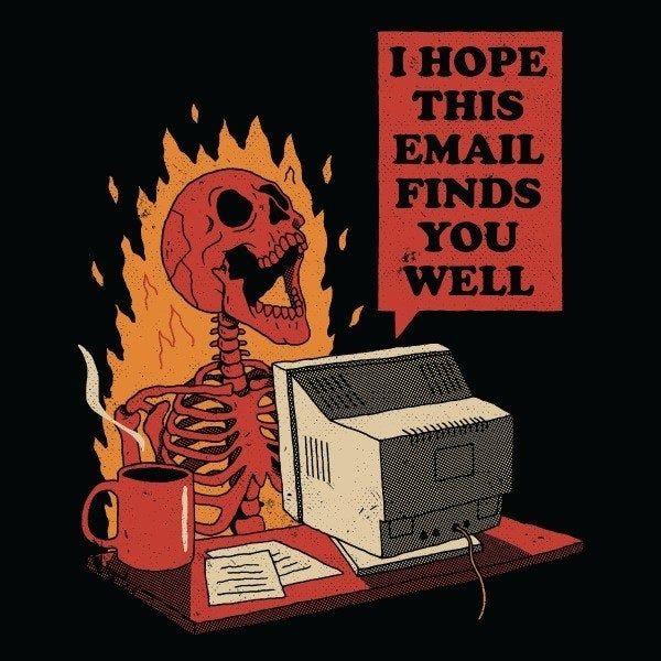 A graphic showing a skeleton engulfed in flames at a desk, sipping coffee, working on a computer, with a speech bubble from the computer reading