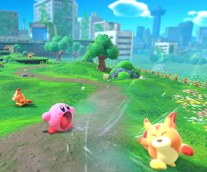screenshot of Kirby inhaling a monster