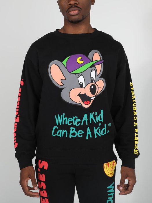 the front of the sweatshirt featuring Chuck E. 