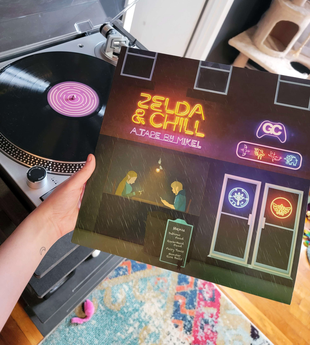 The Zelda & Chill vinyl artwork alongside the record placed on a nearby turntable.