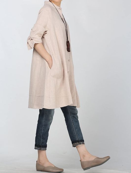 The model is wearing a beige Mordenmiss button-up jacket.