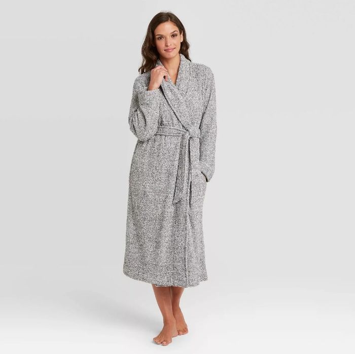 Model wearing a long gray robe