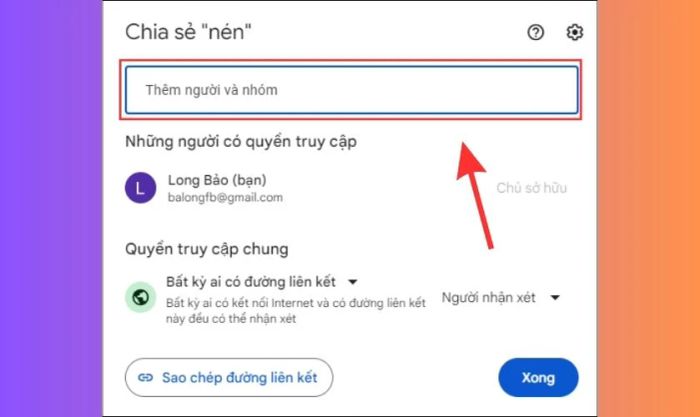 Trong mục Thêm người và nhóm, nhập Gmail