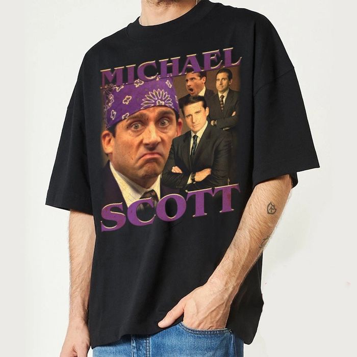 A tee featuring various photos of Michael Scott from The Office, with his name displayed across the design