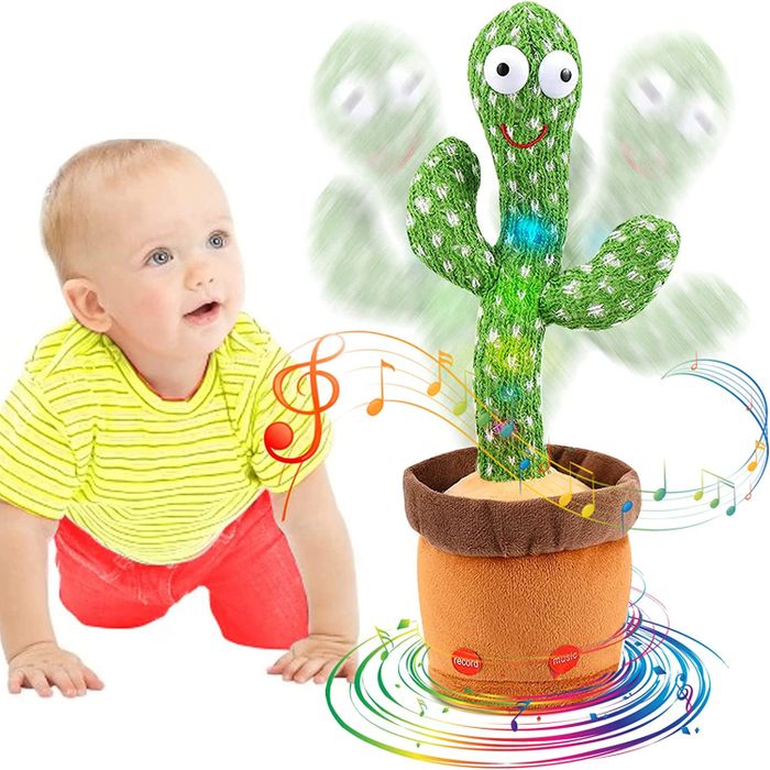 A baby crawling towards the dancing cactus, intrigued by its movements and sounds