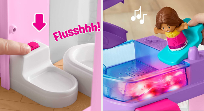 A split image showing a toilet flushing (with sound) and a figure on a diving board