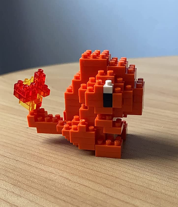 a close-up shot of an assembled Charmander Nanoblock figure
