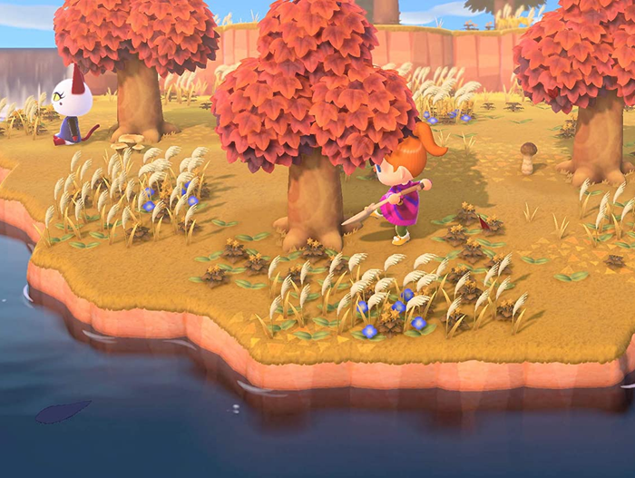 a screenshot of a player character digging up a tree in Animal Crossing: New Horizons