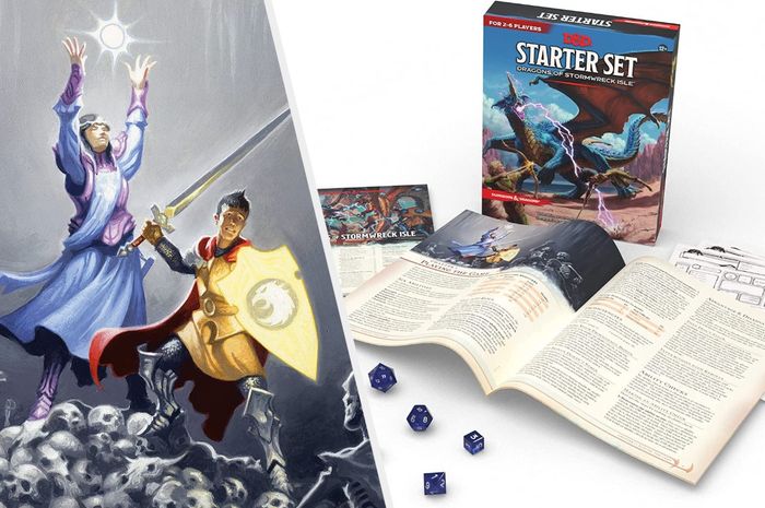 An image showing painted D&D characters alongside the starter set packaging, which includes a manual and dice.