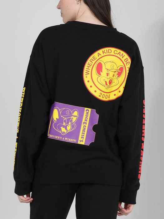 the back of the sweatshirt featuring graphics of tickets and coins