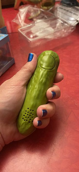 Reviewer holding the yodelling pickle