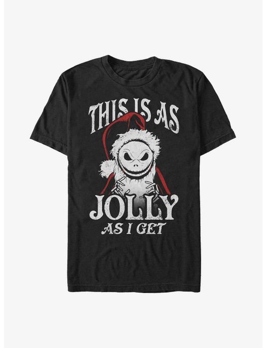 a black tee featuring Jack Skellington with the text 'this is as jolly as I get'