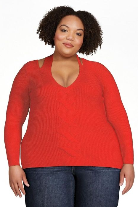 Photo of a model in a red sweater