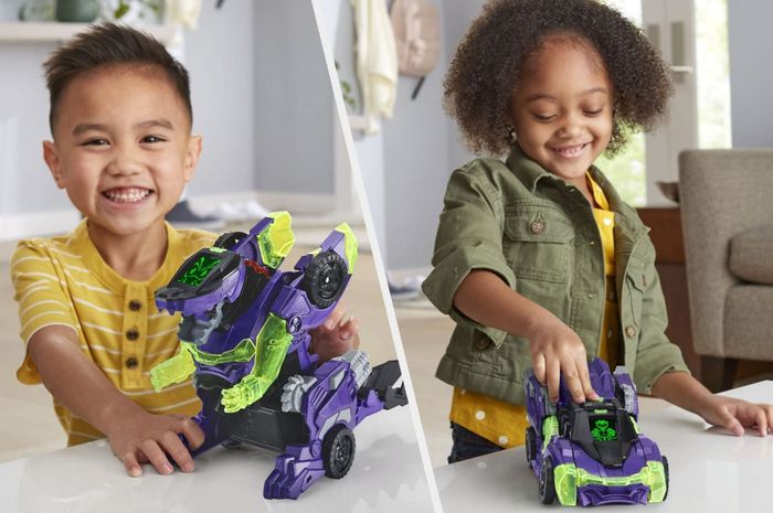 A split image showing child models playing with the purple and green toy in both dragon and car modes
