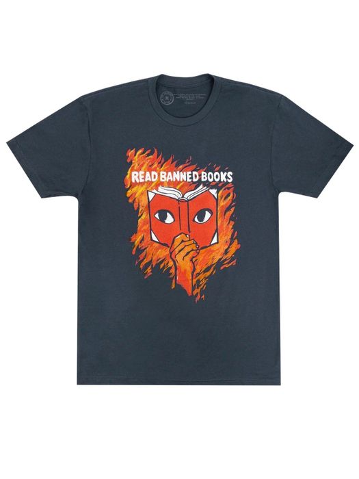 A tee with a graphic of a book with eyes surrounded by flames, reading