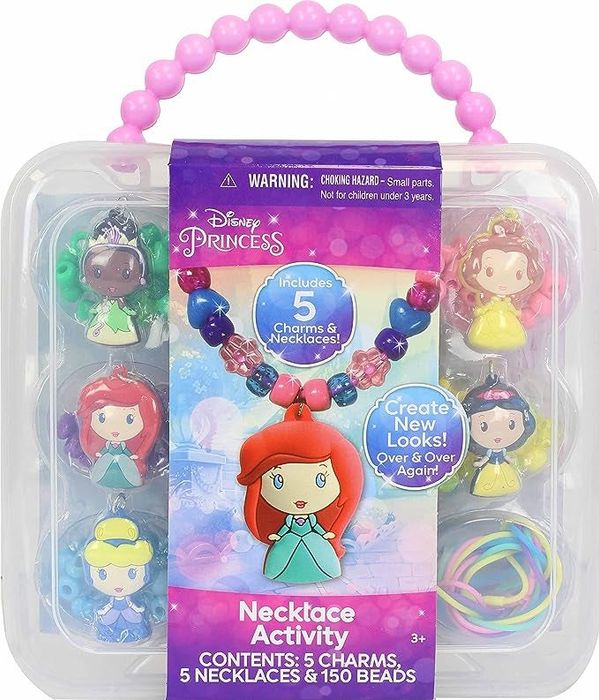A plastic container shaped like a purse, holding Disney princess-themed charms, necklaces, and beads inside.