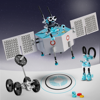 Three light blue robot characters that can be built with the set