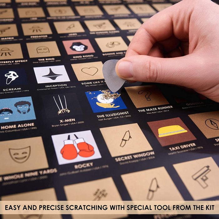 how to scratch off the squares to uncover the movie titles on the poster