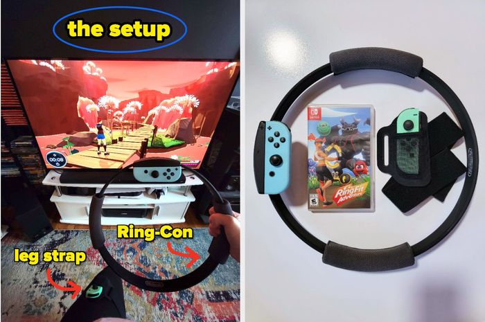 the Ring Fit Adventure set with the knee strap and Ring-Con attached, the game displayed on a TV in the background, with the physical game box, Ring-Con, and knee strap visible in the foreground