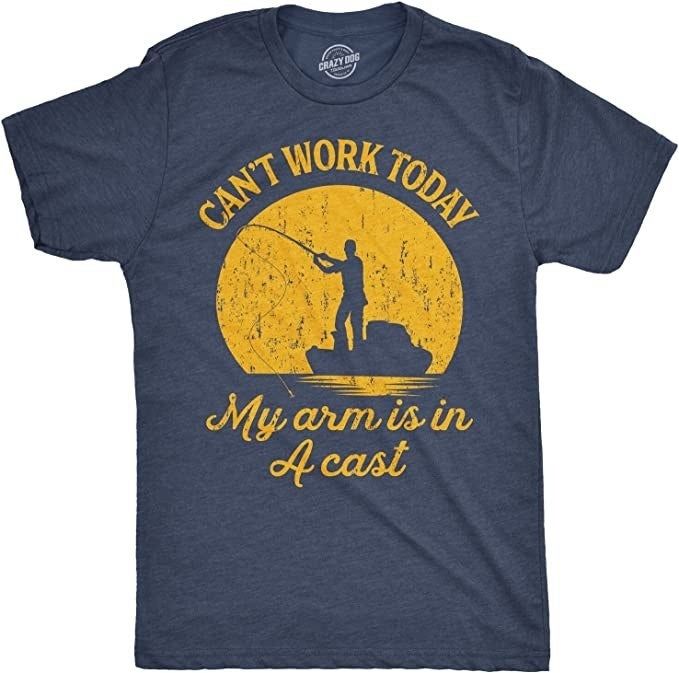 A shirt featuring a graphic of a person fishing with the phrase