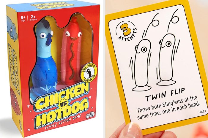 A split image showing the Chicken vs Hotdog game packaging alongside one of its game cards